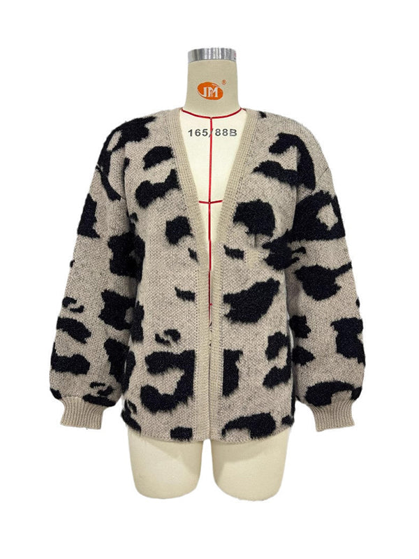 Contrast Color Leopard Print Long Sleeves Loose Cardigan Tops