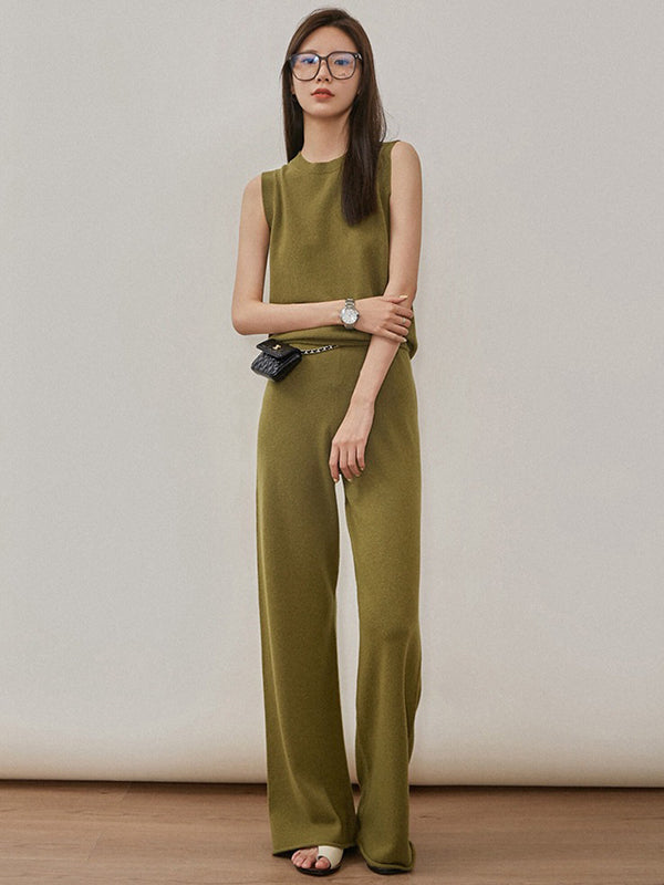 Urban Loose Solid Round-Neck Vest Top& V-Neck Sweater Tops& Wide Leg Pants Three-Piece Set