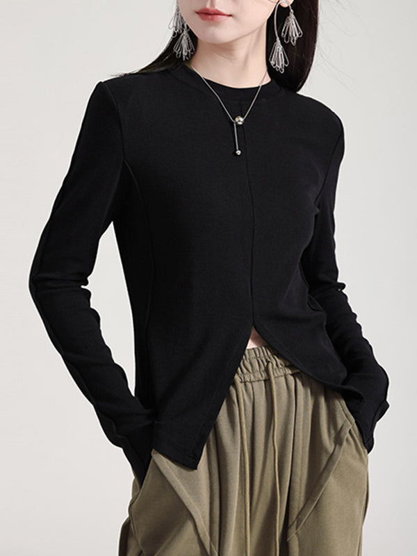 Solid Color Split-front Long Sleeves Skinny Round-neck T-Shirts Tops
