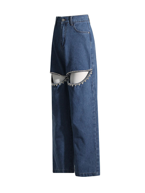 Hollow Rhine Stones High Waisted Loose Jean Pants Bottoms