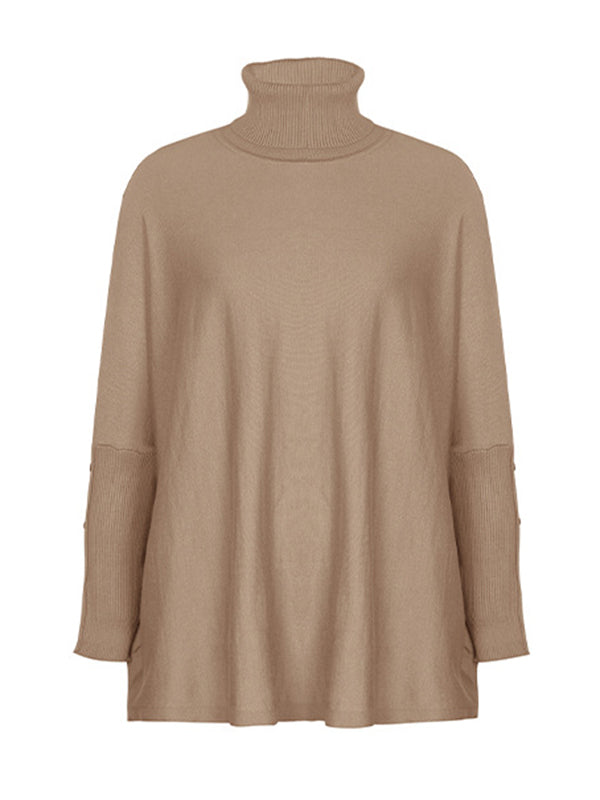 Buttoned Solid Color Split-Joint Batwing Sleeves Long Sleeves High Neck Sweater Tops Pullovers