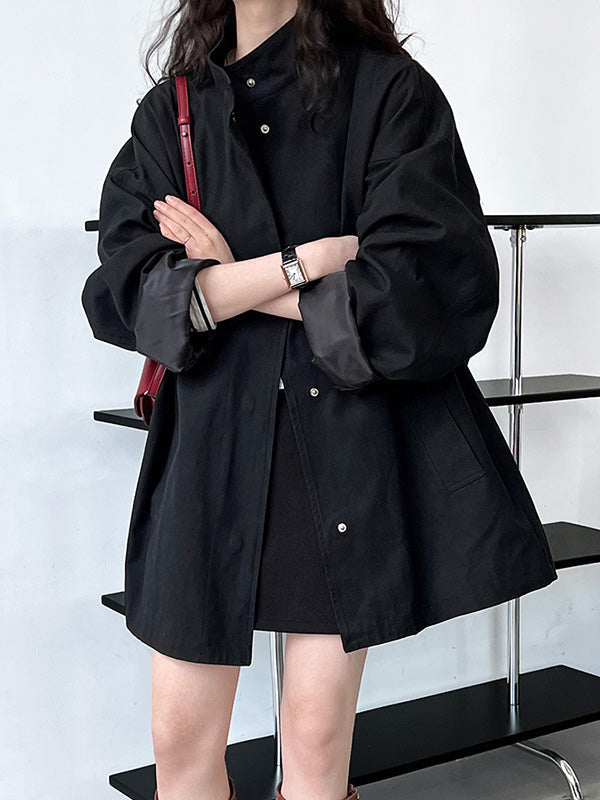 Pockets Solid Color Long Sleeves Loose Stand Collar Trench Coats Outerwear