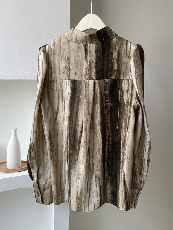 Asymmetric Gradient Pleated Printed Loose Puff Sleeves Lapel Blouses