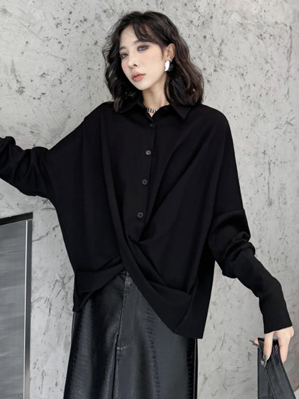 Buttoned Solid Color Twist Hipster Irregularity Lapel Collar Blouses&Shirts Tops