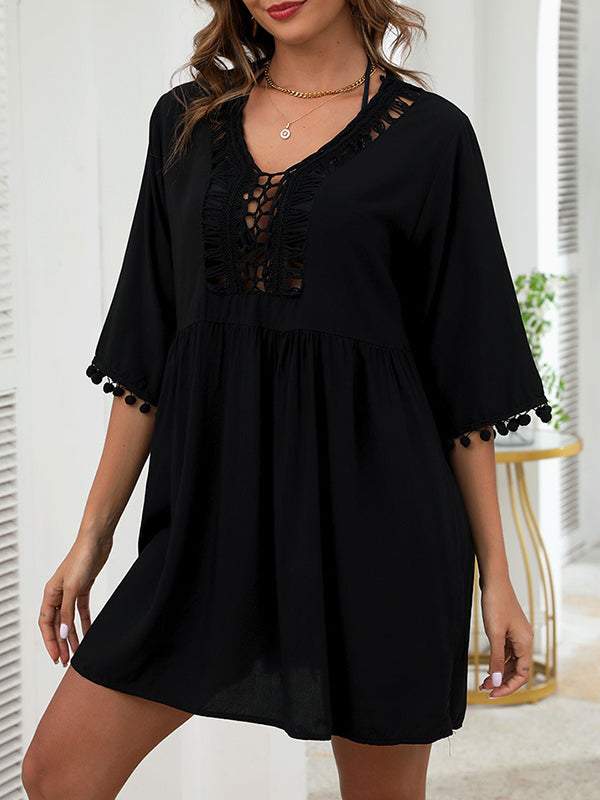 Hollow Solid Color Tasseled Half Sleeves Loose V-Neck Mini Dresses Cover-Up