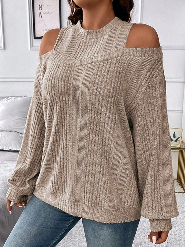 Hollow Solid Color Split-Joint Long Sleeves Loose Cold Shoulder T-Shirts Tops