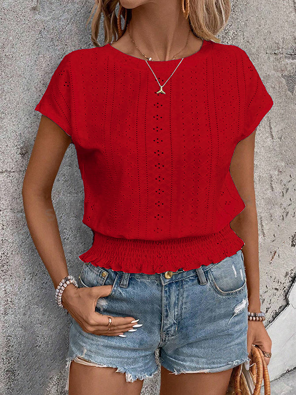 Elasticity Hollow Jacquard Solid Color Loose Raglan Sleeve Round-Neck T-Shirts Tops