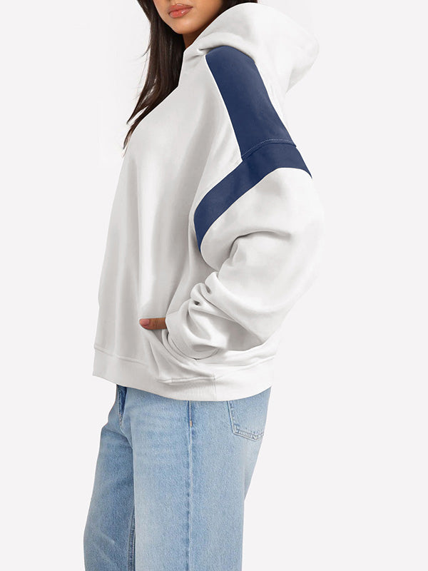 Contrast Color Pockets Split-Joint Hooded Long Sleeves Hoodies Tops
