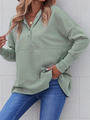 Buttoned Hooded Split-Joint Batwing Sleeves Long Sleeves V-Neck Hoodies Tops