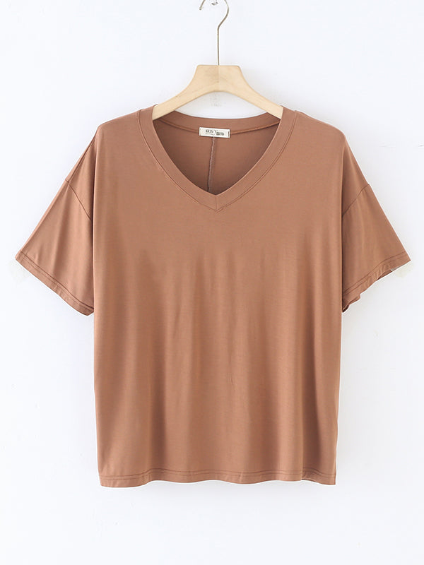 Solid Color Split-Joint Loose Short Sleeves V-neck T-Shirts Tops