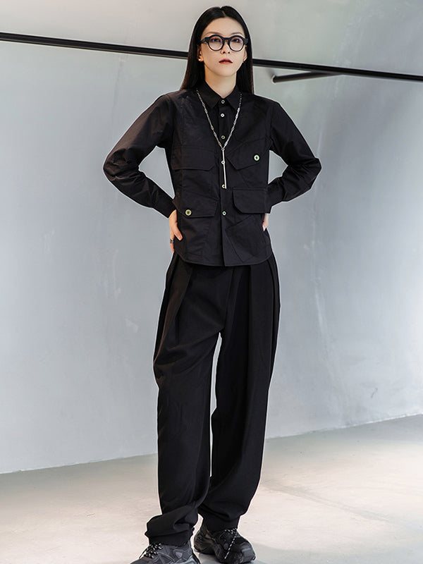 Simple Black Lapel Pockets Blouse