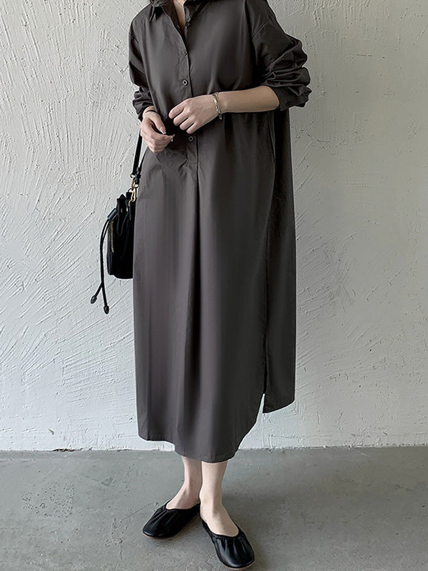 Urban Loose Solid Color Lapel Collar Shirt Midi Dresses