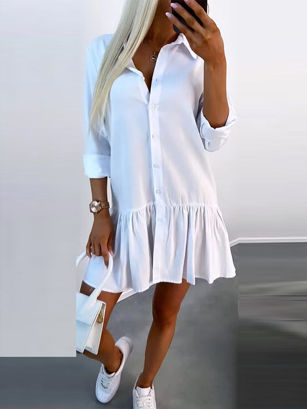 Buttoned Pleated Solid Color Split-Joint Long Sleeves Loose Lapel Shirt Dress Mini Dresses