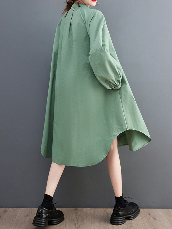 Loose Puff Sleeves Solid Color Stand Collar Midi Dresses
