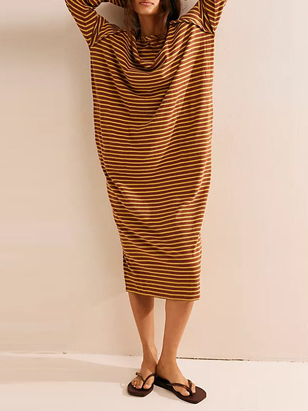 Contrast Color No Belt Split-Joint Striped Long Sleeves Loose Round-Neck Maxi Dresses