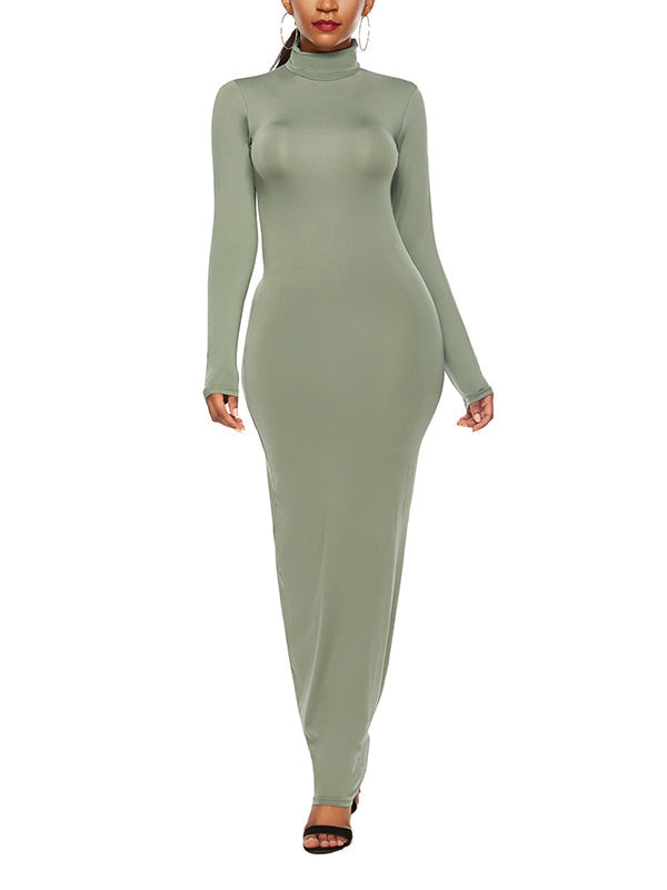 Solid Color Bodycon Long Sleeves High Neck Maxi Dresses