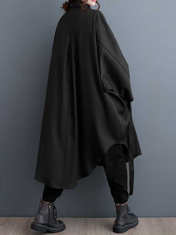 Buttoned Pleated Solid Color Split-Joint Tied Batwing Sleeves Long Sleeves Lapel Outerwear Midi Dresses