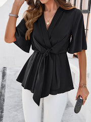 Solid Color Tied Flared Sleeves Half Sleeves V-neck Blouses&shirts Tops