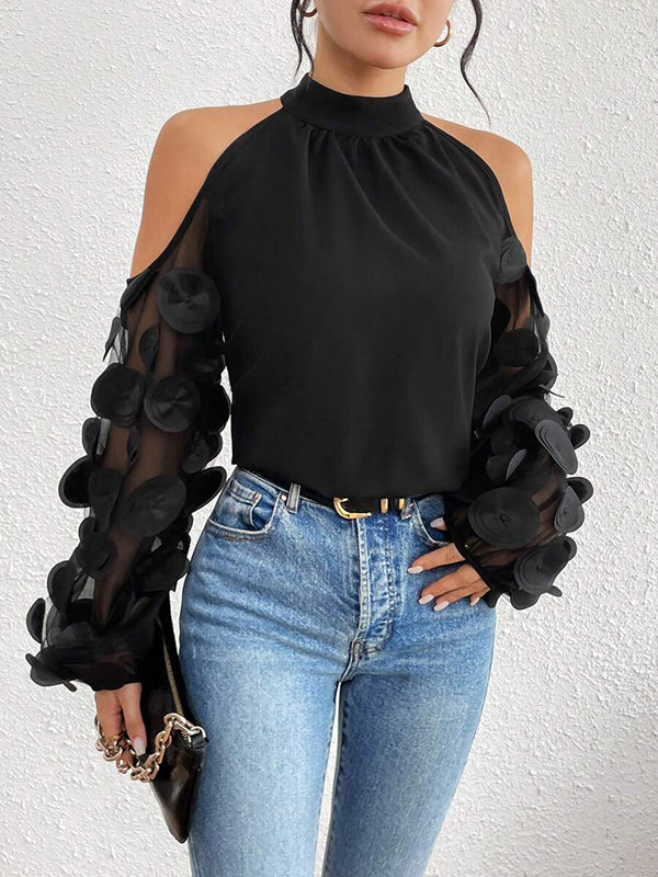 See-Through Solid Color Split-Joint Loose Puff Sleeves Cold shoulder Blouses
