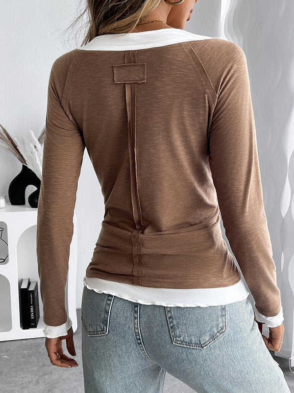 Contrast Color Split-Joint False Two Long Sleeves Round-Neck T-Shirts Tops
