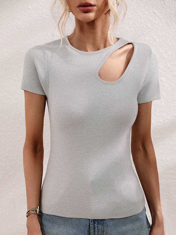 Asymmetric Hollow Solid Color Loose Short Sleeves Round-Neck T-Shirts Tops
