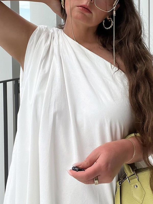 Asymmetric Pleated Solid Color A-Line Loose One-Shoulder Mini Dresses