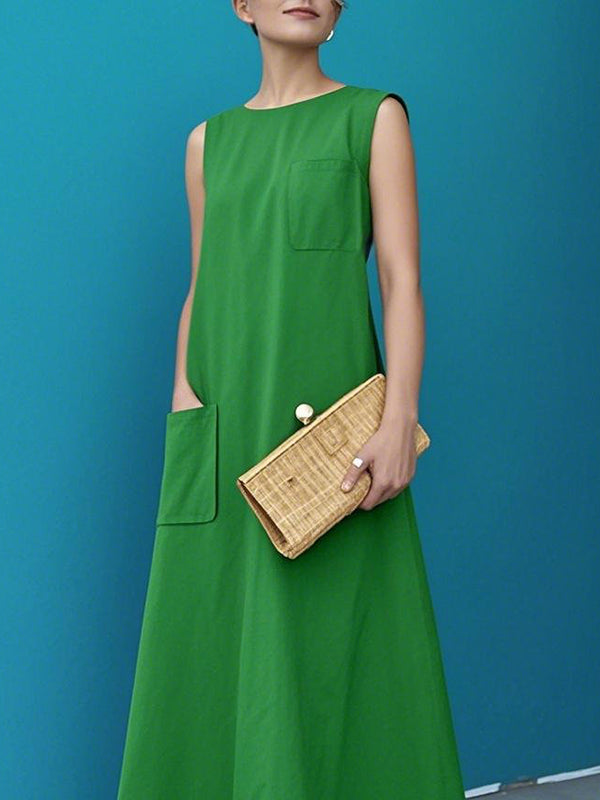 Pockets Solid Color A-line Loose Round-neck Maxi Dresses