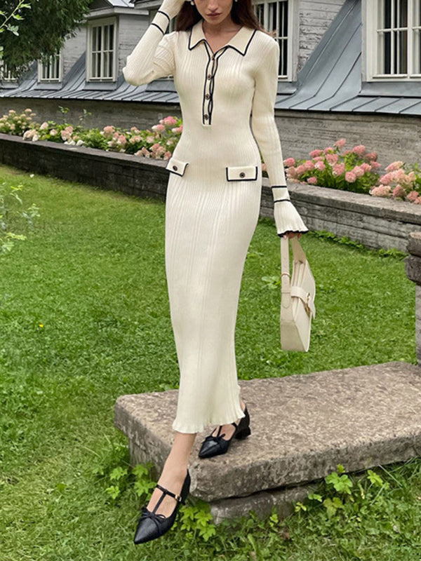 Pleated Ruffled Split-Joint Long Sleeves Lapel Sweater Dresses Maxi Dresses