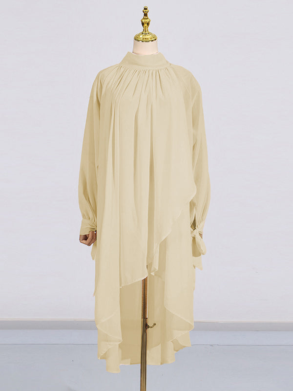 Pleated See-Through Solid Color Tied High-Low Long Sleeves High Neck Blouses&Shirts Tops
