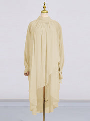 Pleated See-Through Solid Color Tied High-Low Long Sleeves High Neck Blouses&Shirts Tops