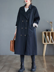 Buttoned Pockets Long Sleeves Loose Notched Collar Trench Coats
