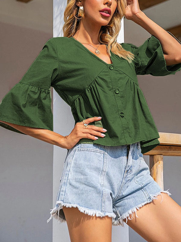Buttoned Pleated Split-Joint Flared Sleeves Half Sleeves V-Neck T-Shirts Tops