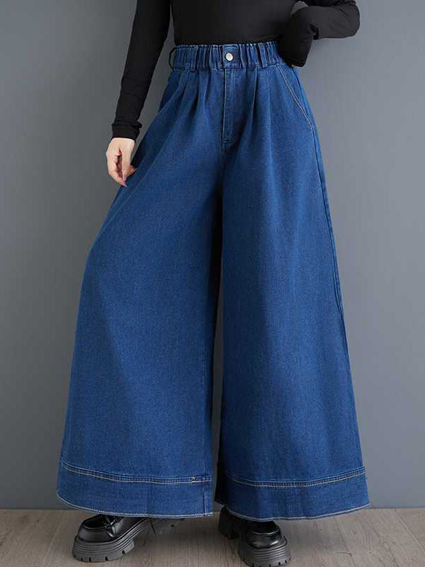 Elasticity Pleated Pockets High Waisted Loose Trousers Jean Pants Bottoms