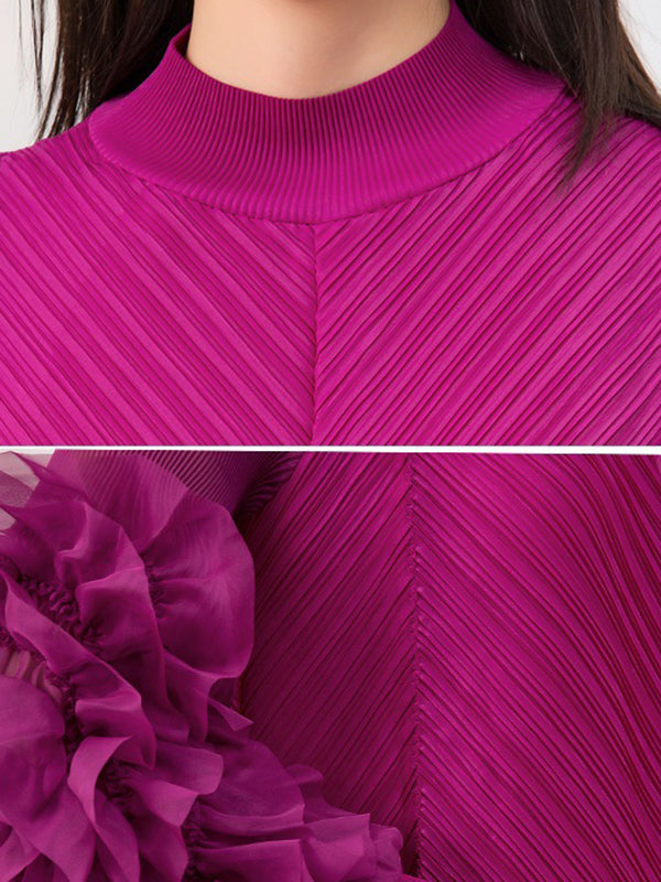 Embroidered Pleated Solid Color Long Sleeves Loose Round-neck Midi Dresses