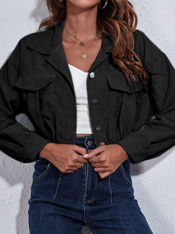 Buttoned Elasticity Pleated Long Sleeves Loose Lapel Outerwear Jackets