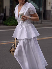 Buckle High-Waisted Solid Color Split-Joint False Two Loose Deep V-Neck Midi Dresses
