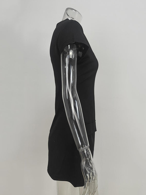 Pockets Solid Color Split-Joint A-Line High Waisted Mock Neck Mini Dresses