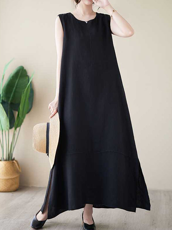 Solid Color A-Line Loose Round-Neck Midi Dresses