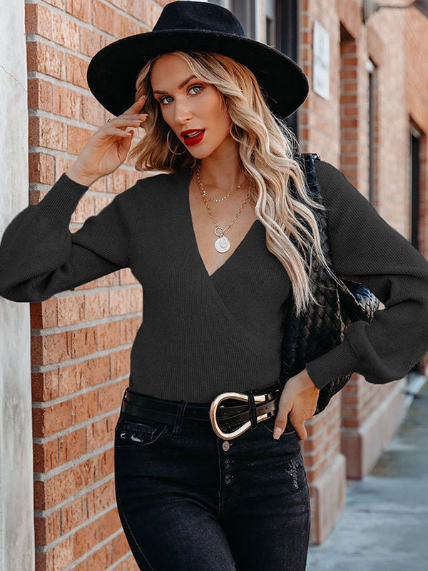 Casual Long Sleeves Solid Color V-Neck Sweater Tops