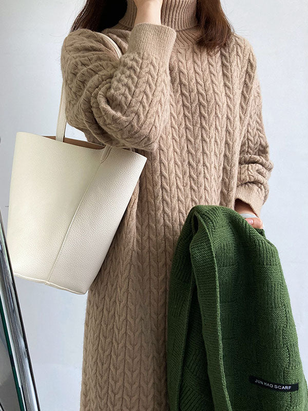 Stylish Loose Long Sleeves Solid Color High-Neck Twist Sweater Dresses