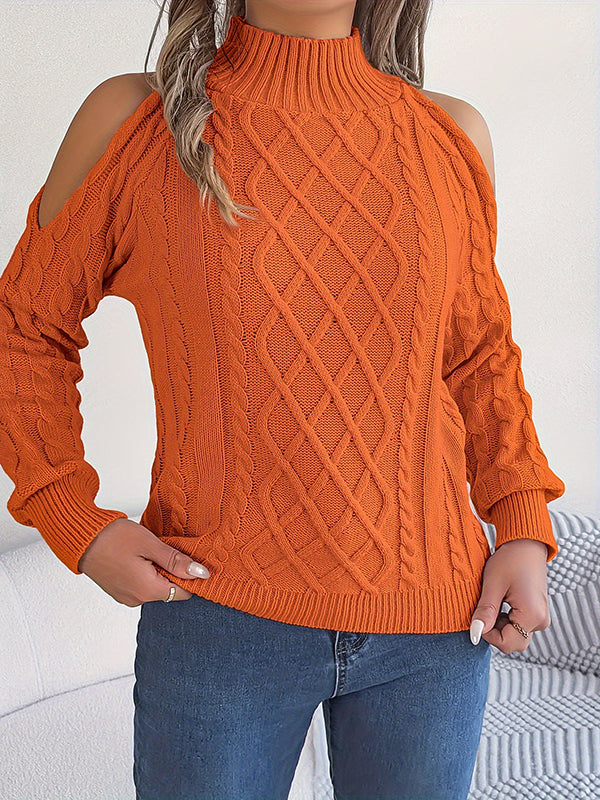Hollow Solid Color Long Sleeves Loose Cold Shoulder Sweater Tops Pullovers