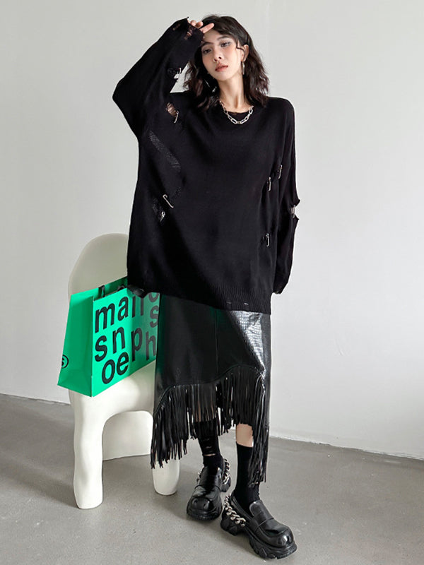 Asymmetric Buttoned Crocodile Texture Solid Color Tasseled A-Line Irregularity Skirts Bottoms