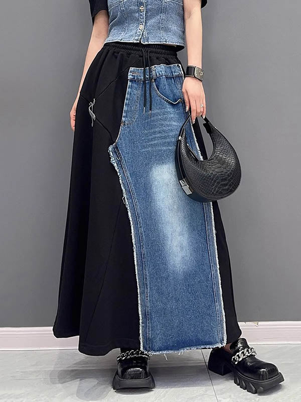 Asymmetric Drawstring Elasticity Pockets Split-Joint A-Line Loose Skirts Bottoms