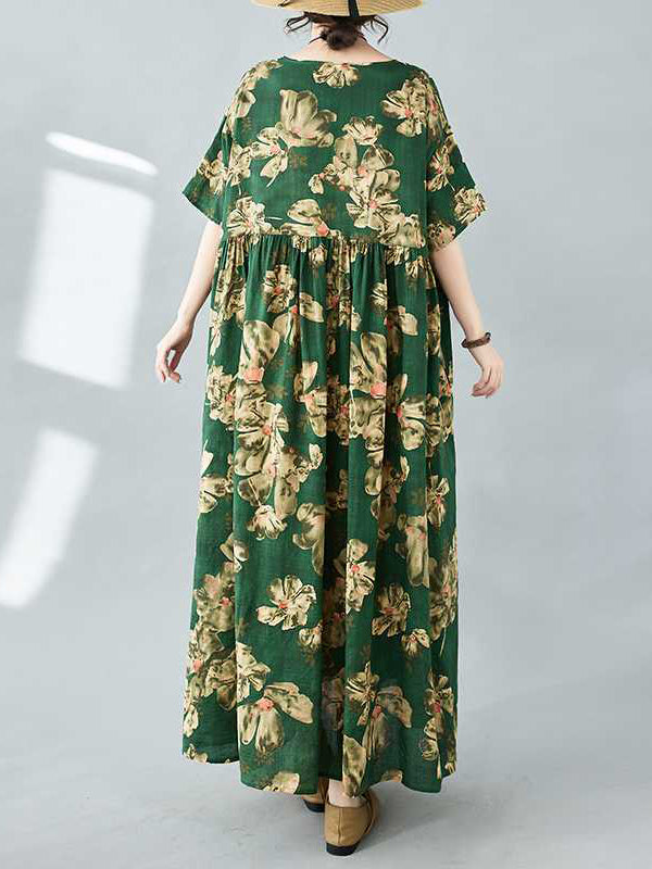 Flower Print Pleated Pockets Half Sleeves Loose Round-neck Midi Dresses