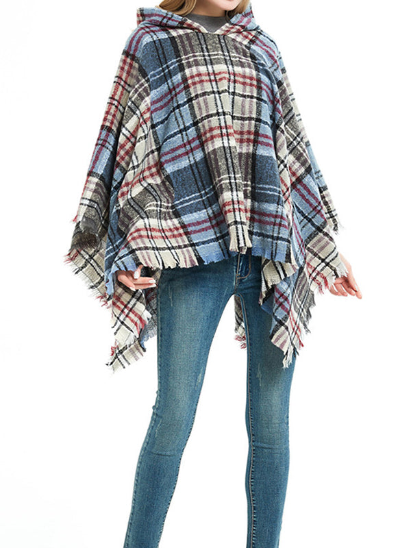 Fringed Hooded Keep Warm Plaid Shawl&Cloak Cape