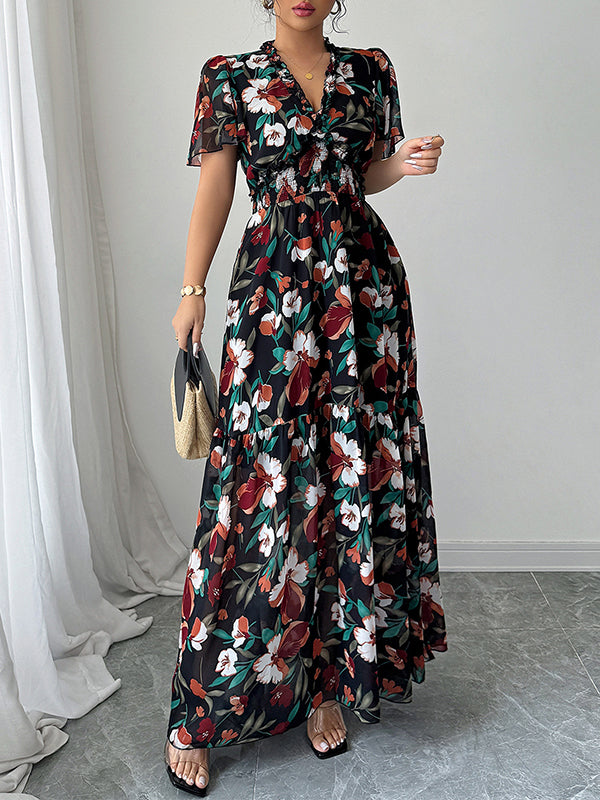 Contrast Color Elasticity Flower Print Pleated A-Line Loose V-Neck Maxi Dresses