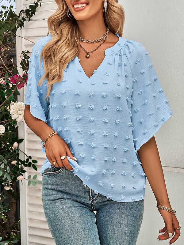 Jacquard Solid Color Half Sleeves Loose V-Neck T-Shirts Tops
