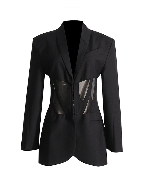 Buckle Gauze See-Through Solid Color Split-Joint Long Sleeves Notched Collar Blazer