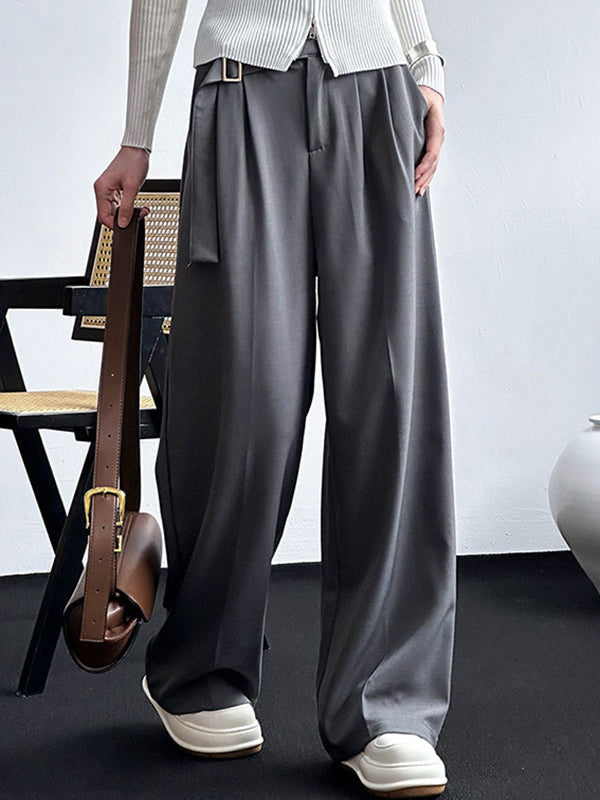 Belt Buckle Solid Color High Waisted Loose Trousers Suit Pants