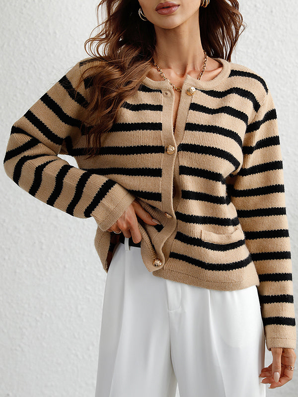 Buttoned Pockets Striped Long Sleeves Loose Round-Neck Cardigan Tops